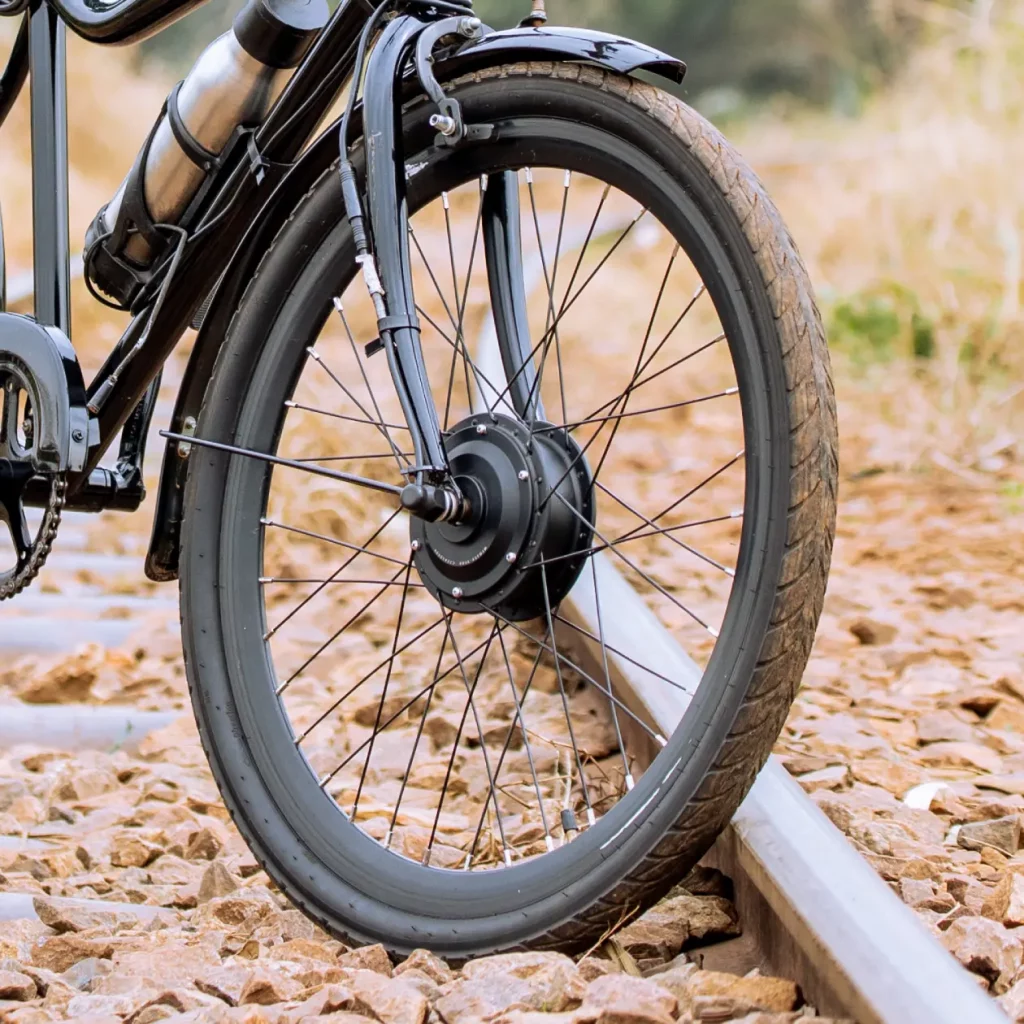The rear hub motor wheel of a Karaa e-bike, close up